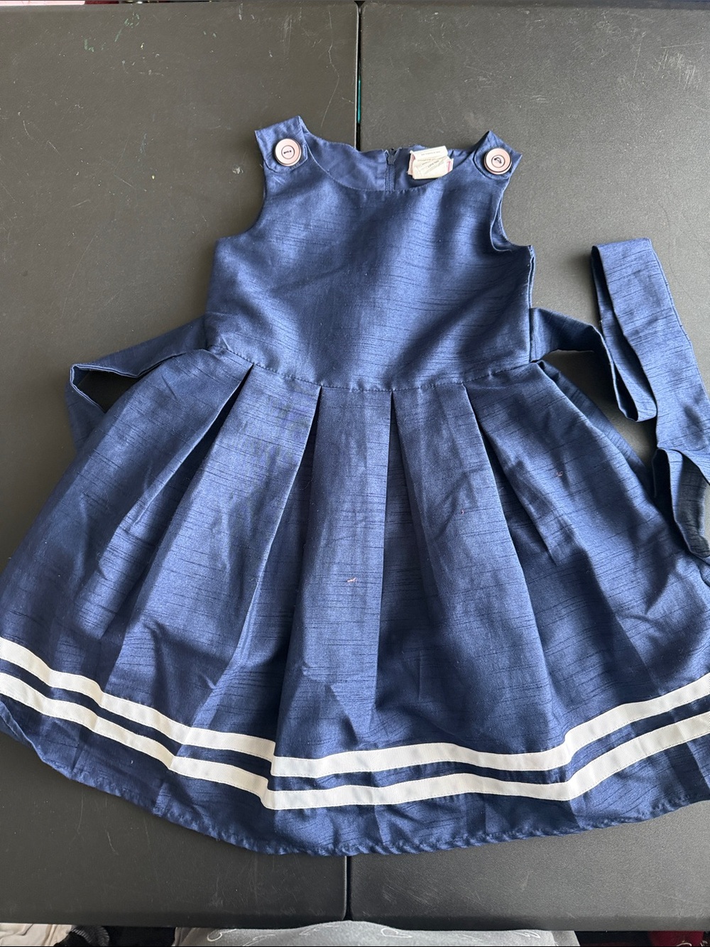 Girls Navy Pleated Formal Dress with White Stripe Accents by